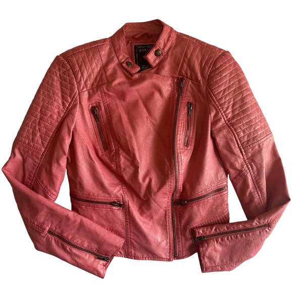 Guess Jackets & Blazers - Guess Pink Faux Leather Moto Jacket Quilted Detail Zipper Pockets Size XS
